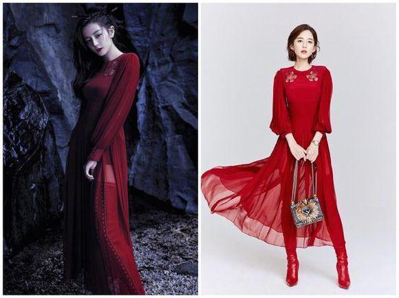 新疆美女古力娜紮迪麗熱巴撞衫刺繡連衣紅裙